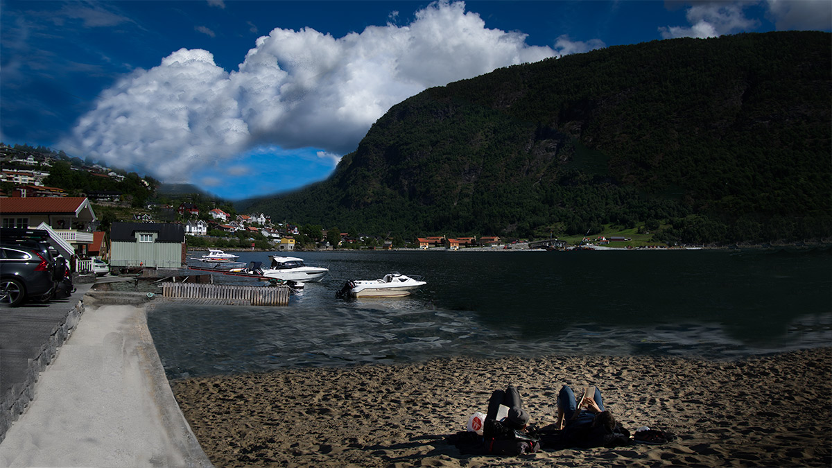 Dampskipskaien i Sogndal slik det kan sjå ut utan kaibygget (fotofikling). 