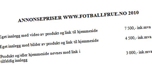 Prisliste for omtale på fotballfrue.no.